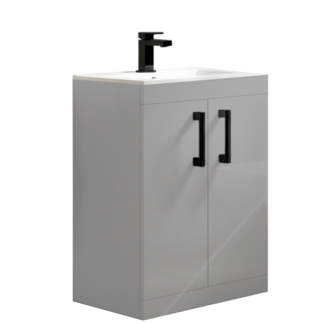 600 mm Grey Freestanding Vanity Unit with Basin and Black Handle - Ashford