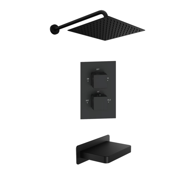 Matt Black 2 Outlet Shower With Wall Mounted 250mm Shower Head and Bath Spout - Zana