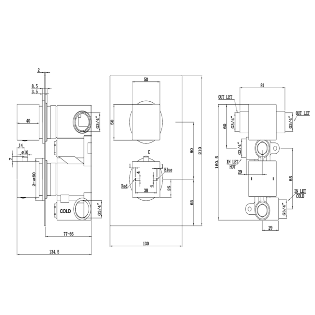 Black 2 Outlet Concealed Thermostatic Shower Valve with Dual Control - Zana