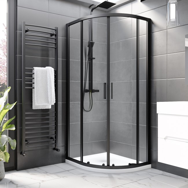 Black 8mm Glass Right Hand Offset Quadrant Shower Enclosure with Shower ...