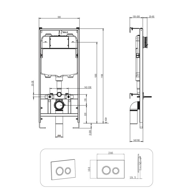 Wall Hung Toilet with Soft Close Seat Matt Black Mechanical Flush Plate with 1160mm Frame & Cistern - Newport