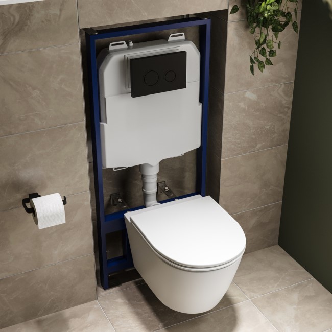 Wall Hung Toilet with Soft Close Seat Matt Black Mechanical Flush Plate with 1160mm Frame & Cistern - Newport