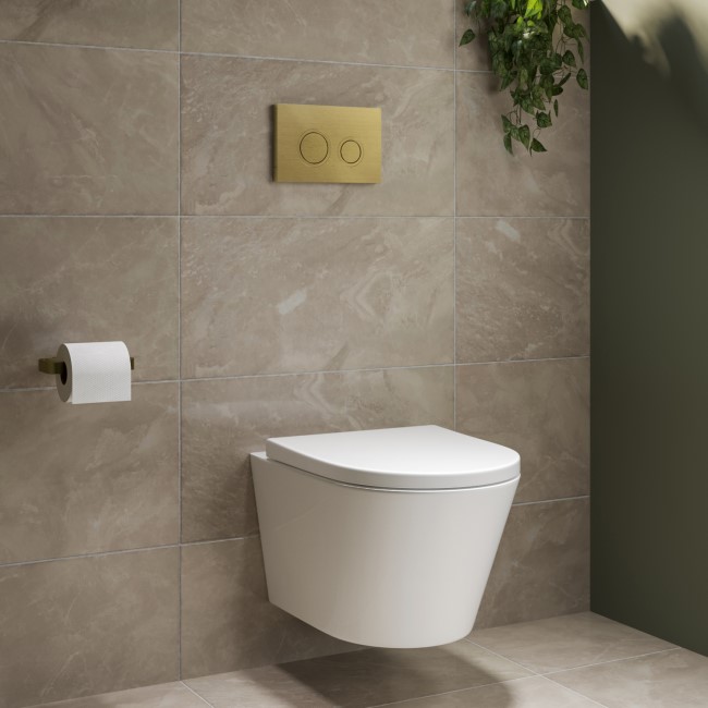 Wall Hung Toilet with Soft Close Seat Brushed Brass Mechanical Flush Plate with 1160mm Frame & Cistern - Newport