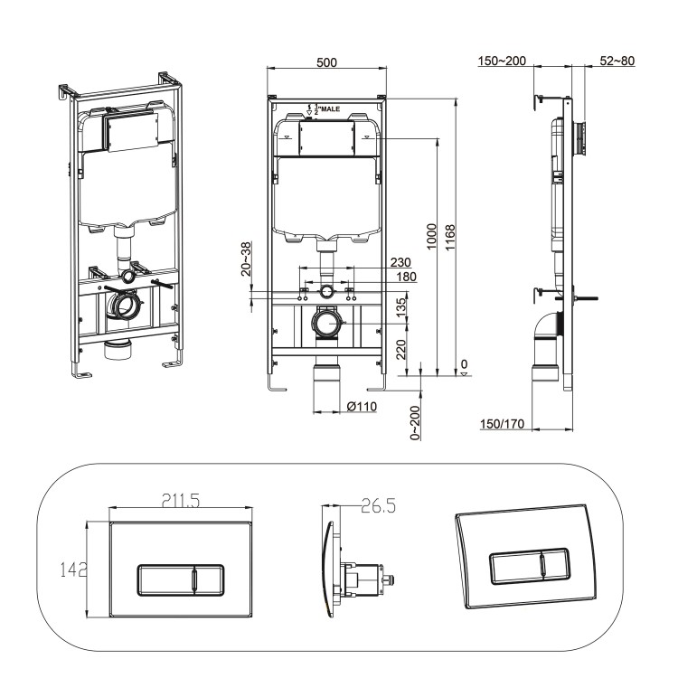 Wall Hung Toilet with Soft Close Seat Chrome Pneumatic Flush Plate 1170mm Frame & Cistern - Newport