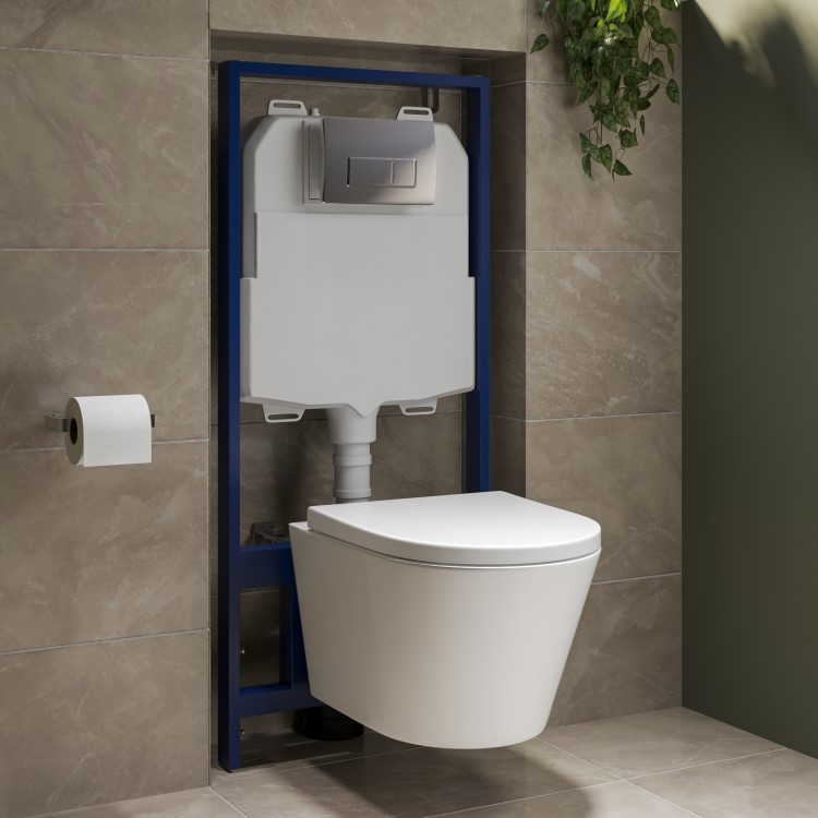 Wall Hung Toilet with Soft Close Seat Chrome Pneumatic Flush Plate 1170mm Frame & Cistern - Newport