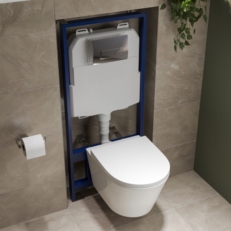 Wall Hung Toilet with Soft Close Seat Chrome Pneumatic Flush Plate 1170mm Frame & Cistern - Newport