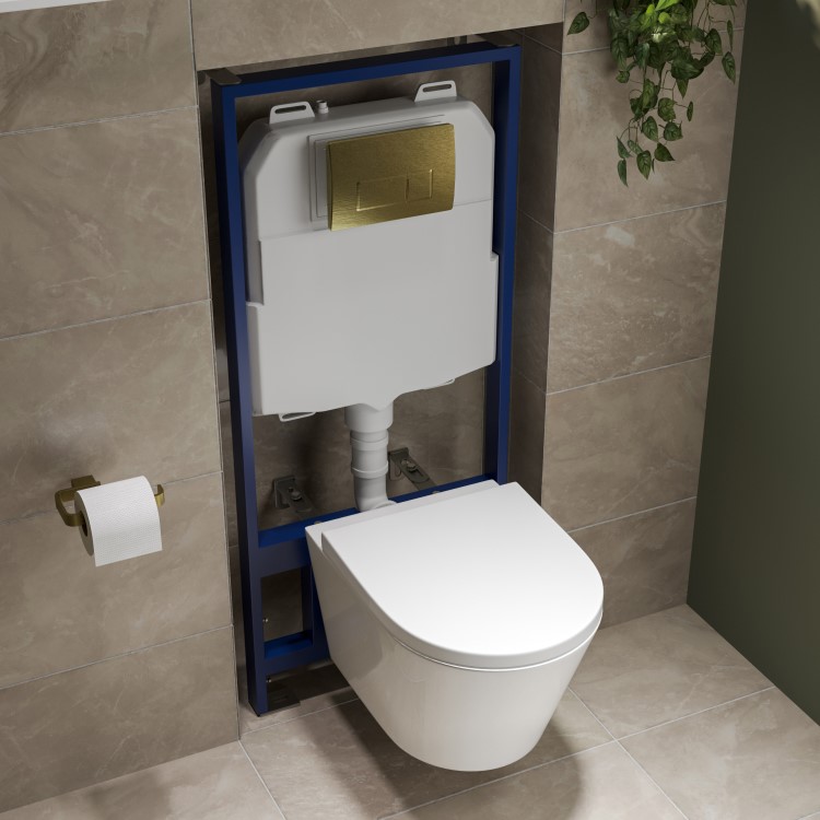 Wall Hung Toilet with Soft Close Seat Brushed Brass Pneumatic Flush Plate 1170mm Frame & Cistern - Newport