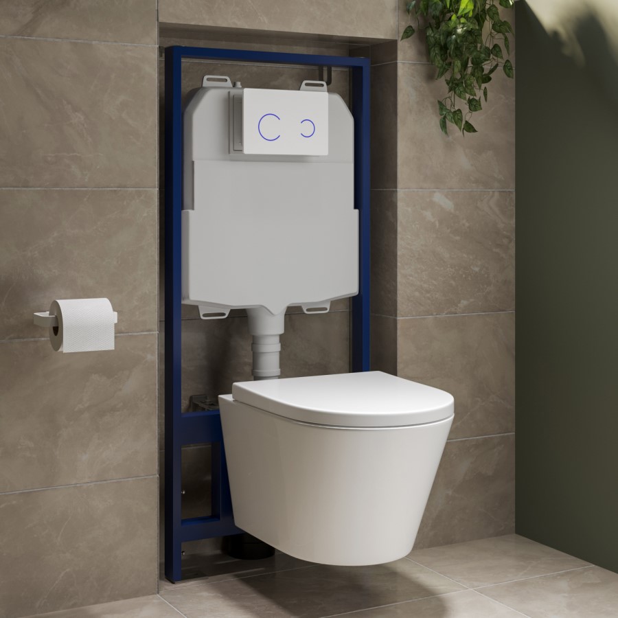 Wall Hung Toilet with Soft Close Seat White Glass Sensor Pneumatic Flush Plate 1170mm Frame & Cistern - Newport