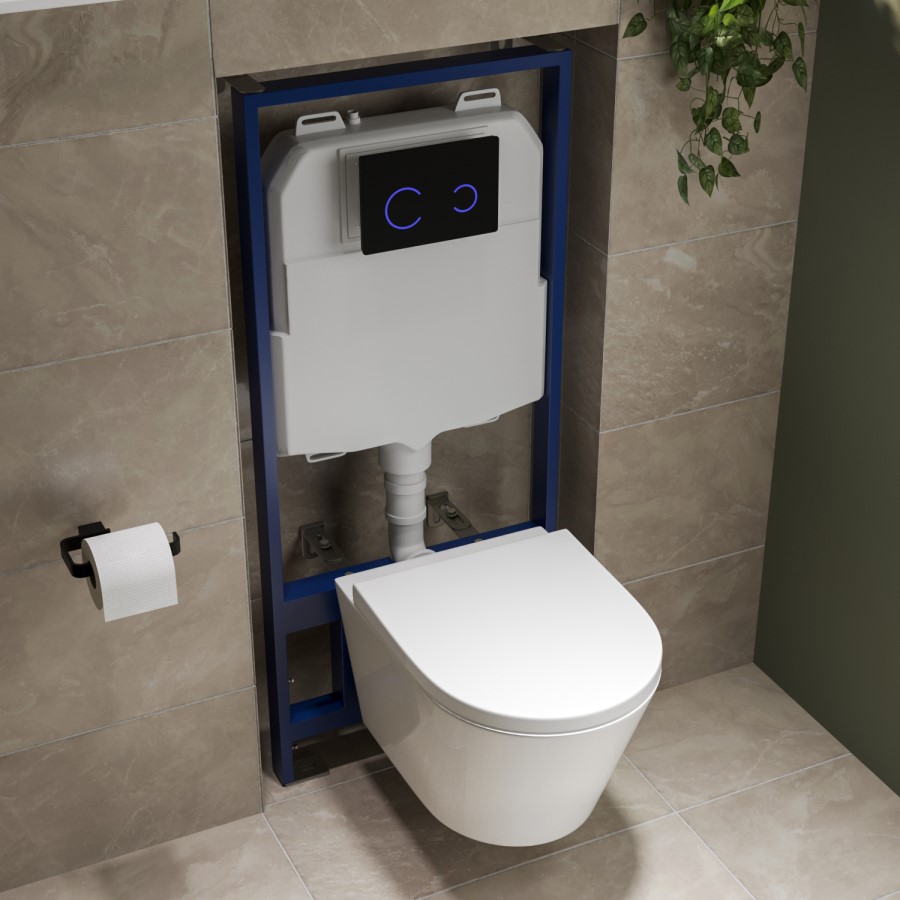 Wall Hung Toilet with Soft Close Seat Black Glass Sensor Pneumatic Flush Plate 1170mm Frame & Cistern - Newport