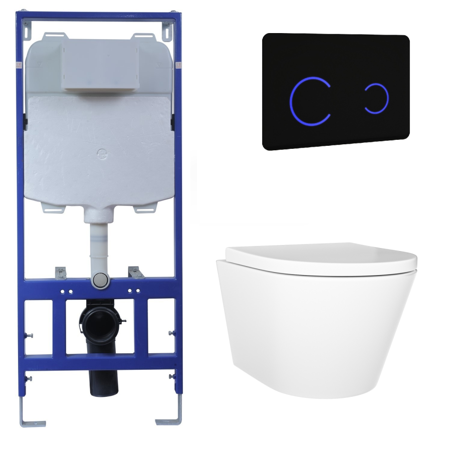 Wall Hung Toilet with Soft Close Seat Black Glass Sensor Pneumatic Flush Plate 1170mm Frame & Cistern - Newport