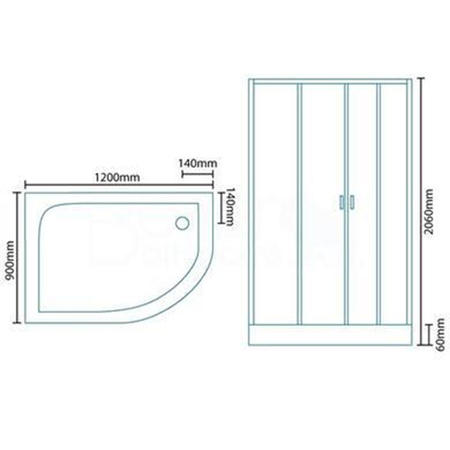 Offset Left Handed Shower Cabin with Aqua Back Panels - 1200 x 900mm