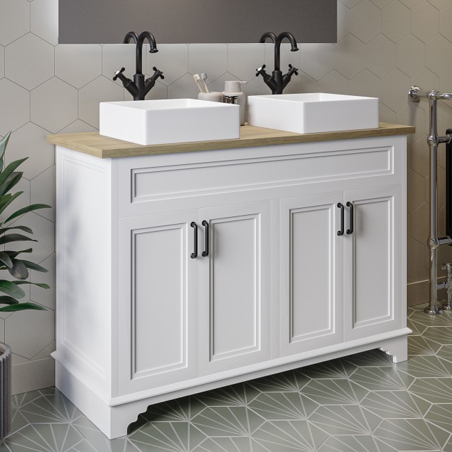 1200mm White Freestanding Countertop Double Vanity Unit with Square Basins - Camden