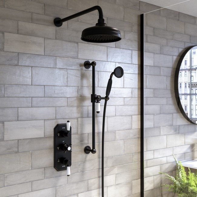 Black Dual Outlet Wall Mounted Thermostatic Mixer Shower Set with Hand Shower - Cambridge