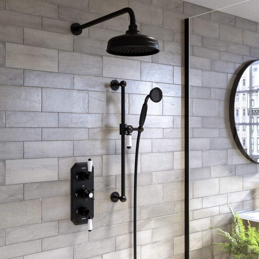 Grade A1 - Black Dual Outlet Wall Mounted Thermostatic Mixer Shower Set with Hand Shower - Cambridge