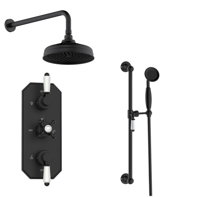 Black Dual Outlet Wall Mounted Thermostatic Mixer Shower Set with Hand Shower - Cambridge