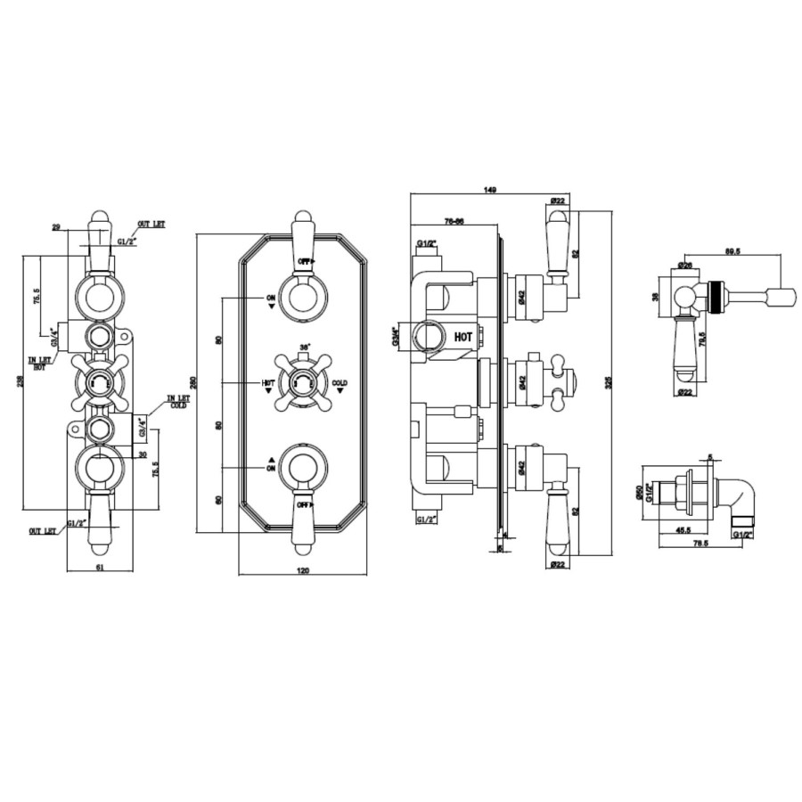 Grade A1 - Black Dual Outlet Wall Mounted Thermostatic Mixer Shower Set with Hand Shower - Cambridge