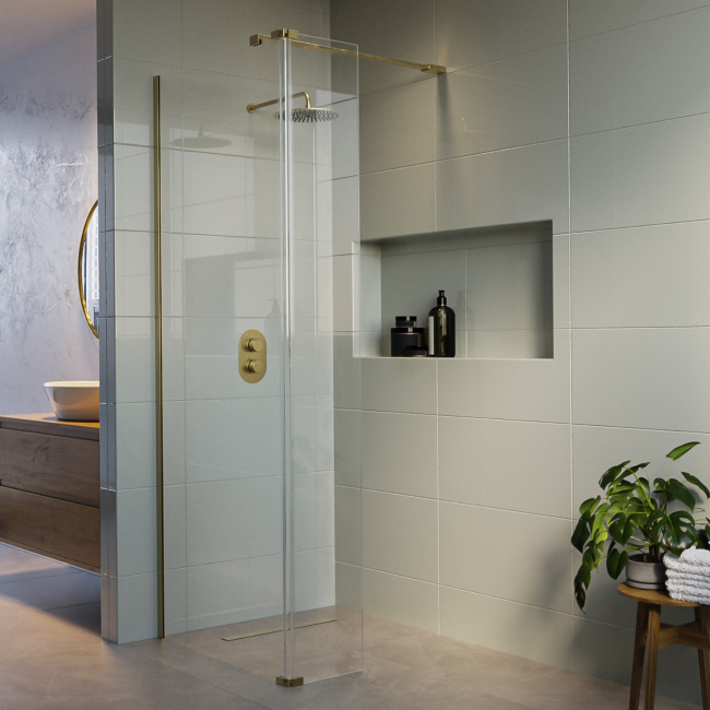 800mm Brushed Brass Shower Screen for Wetroom & Walk In Shower with 300mm Hinged Flipper Panel - Corvus