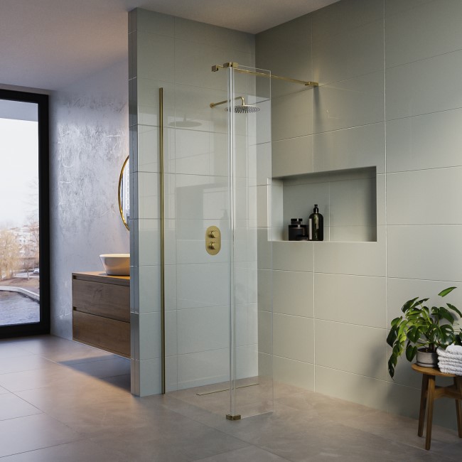 800mm Brushed Brass Shower Screen for Wetroom & Walk In Shower with 300mm Hinged Flipper Panel - Corvus