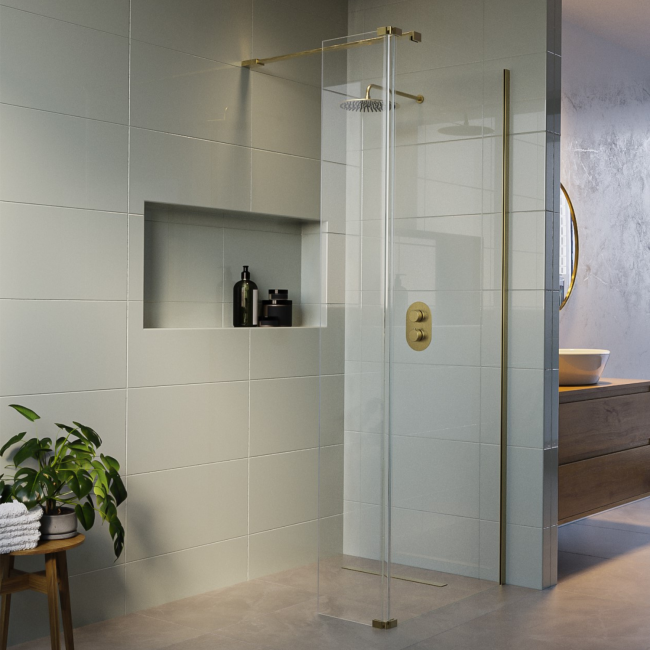 800mm Brushed Brass Shower Screen for Wetroom & Walk In Shower with 300mm Hinged Flipper Panel - Corvus