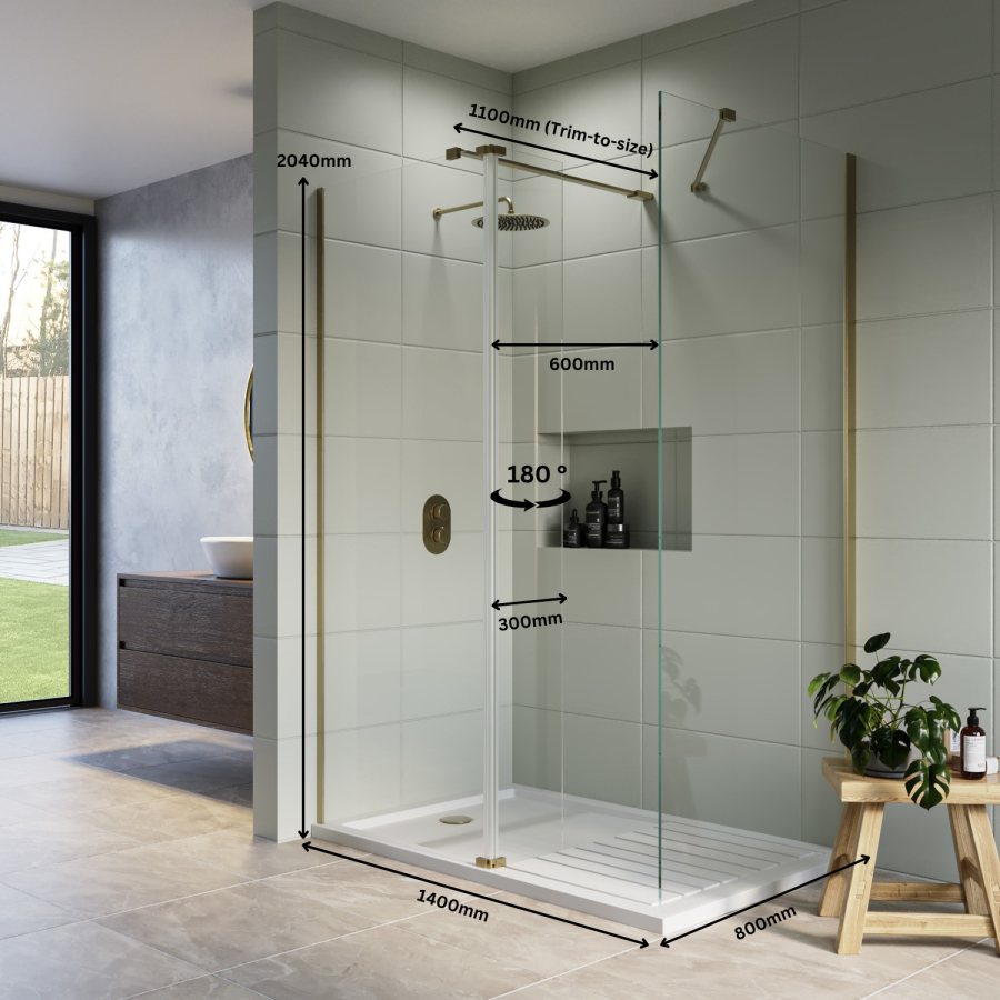 1400x800mm Brushed Brass Walk In Shower Screen Enclosure with 300mm Hinged Flipper Panel and Shower Tray - Corvus