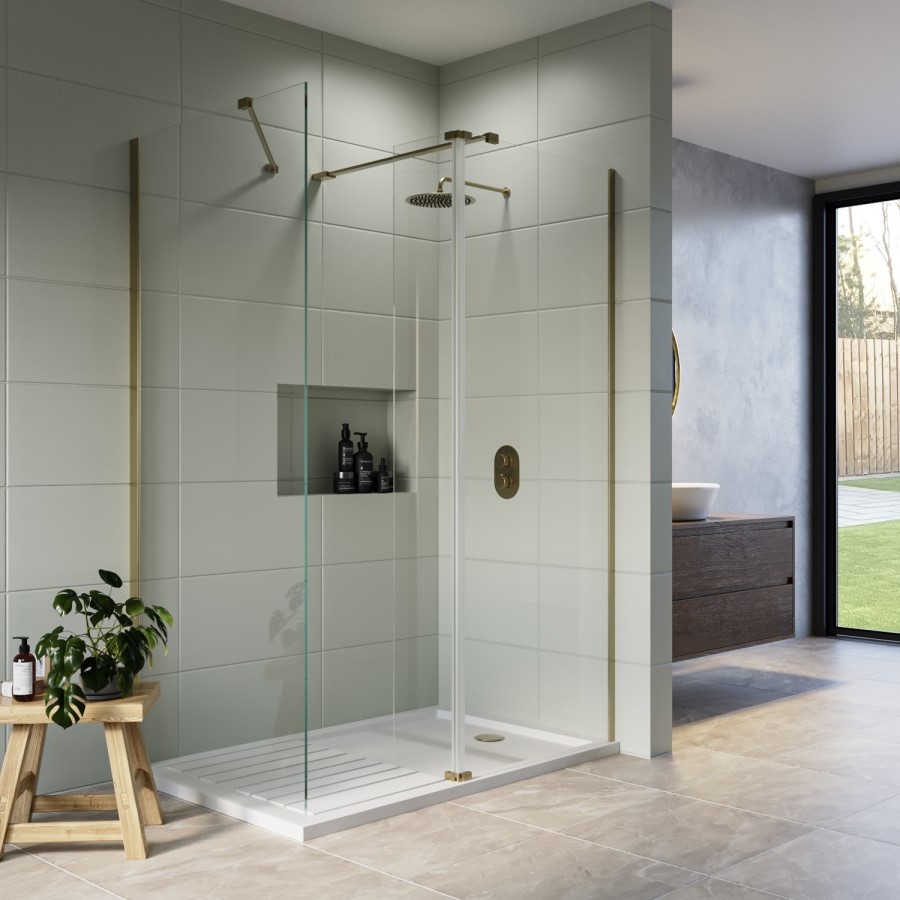 1400x800mm Brushed Brass Walk In Shower Screen Enclosure with 300mm Hinged Flipper Panel and Shower Tray - Corvus