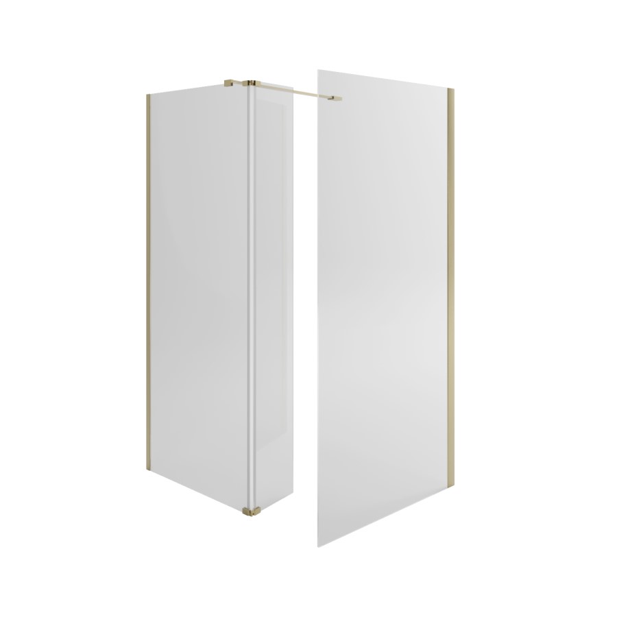 1400x800mm Brushed Brass Walk In Shower Screen Enclosure with 300mm Hinged Flipper Panel and Shower Tray - Corvus