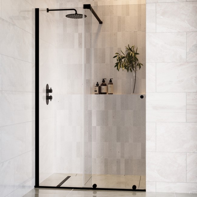 1200mm Black Sliding Shower Door + Wall Support Bar 8mm Glass - Denver