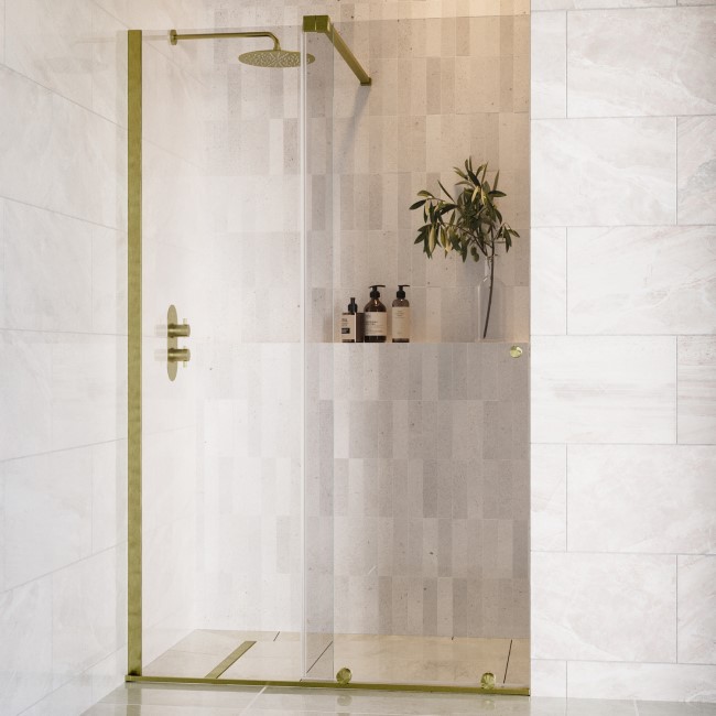 1400mm Brushed Brass Sliding Shower Door + Wall Support Bar 8mm Glass - Denver