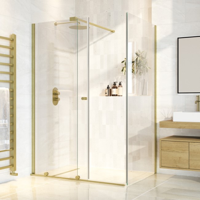 Brushed Brass 8mm Glass Frameless Rectangular Sliding Shower Enclosure 1400x900mm - Denver