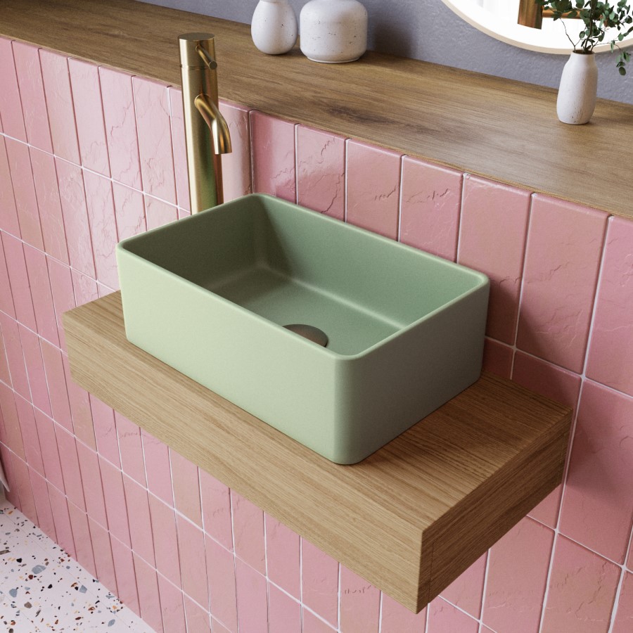 560mm Wood Effect Wall Hung Floating Basin Shelf and Green Basin - Evora