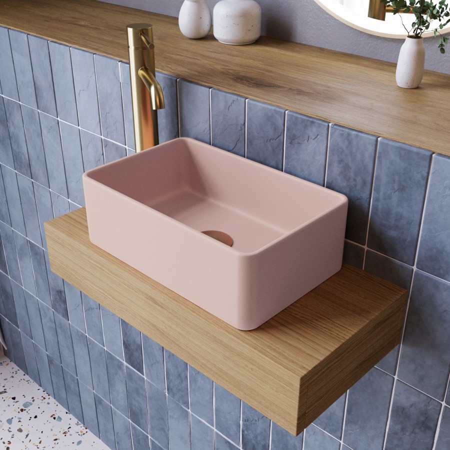 560mm Wood Effect Wall Hung Floating Basin Shelf and Pink Basin - Evora