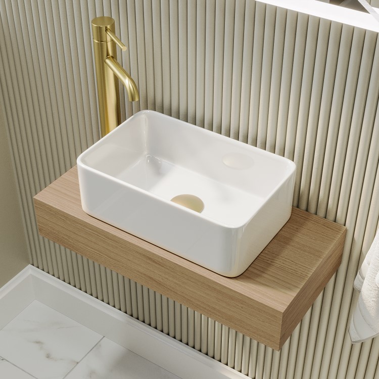 Grade A1 - 560mm Wood Effect Wall Hung Floating Basin Shelf and White Basin - Evora