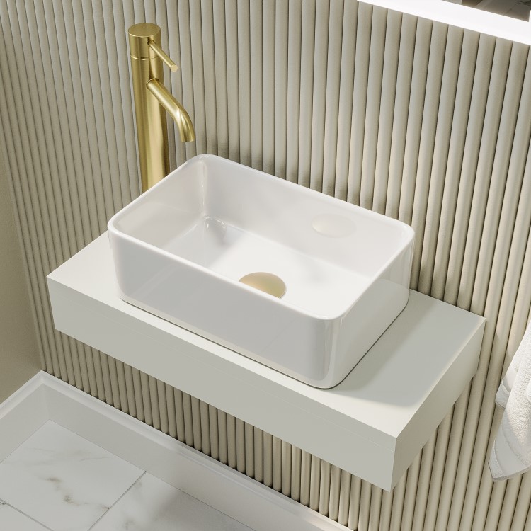 560mm Matt White Wall Hung Floating Basin Shelf and White Basin - Evora