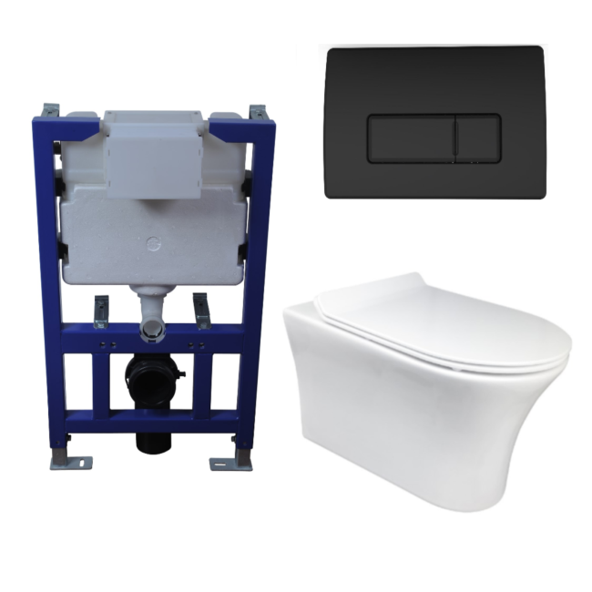 Indiana Wall Hung Toilet 820mm Pneumatic Frame & Cistern & Black Flush Plate