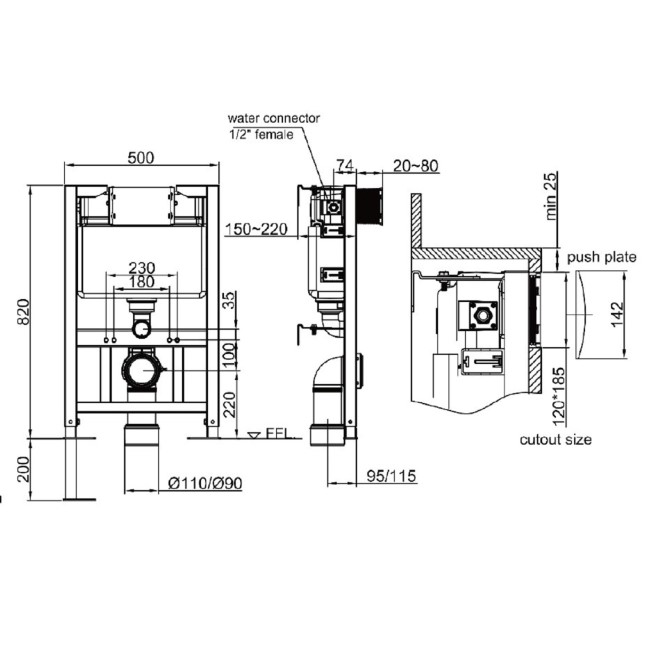 Indiana Wall Hung Toilet 820mm Pneumatic Frame & Cistern & Brushed Brass Flush Plate