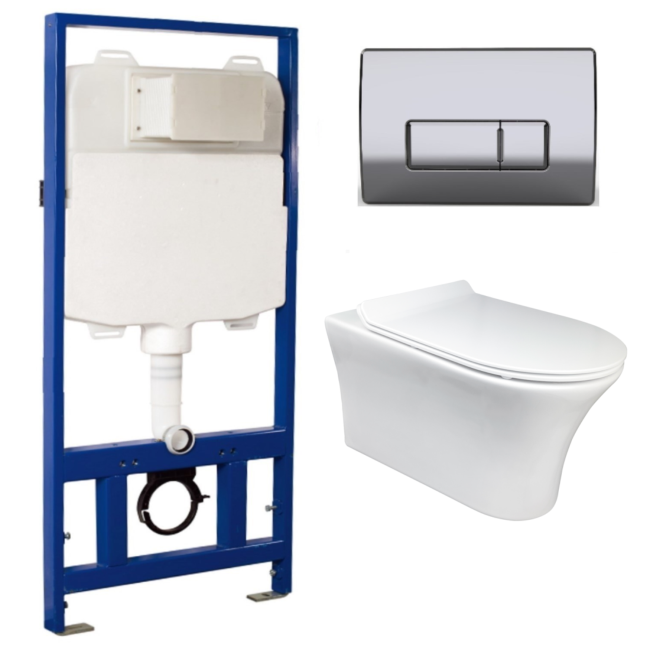 Indiana Wall Hung Toilet 1160mm Pneumatic Frame & Cistern & Chrome Flush Plate