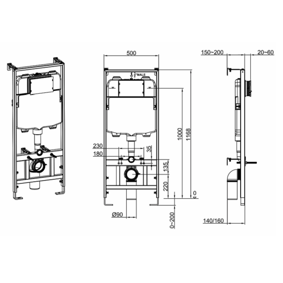 Albi Wall Hung Toilet 1160mm Mechanical WC Frame & Cistern & Black Mechanical Flush Plate