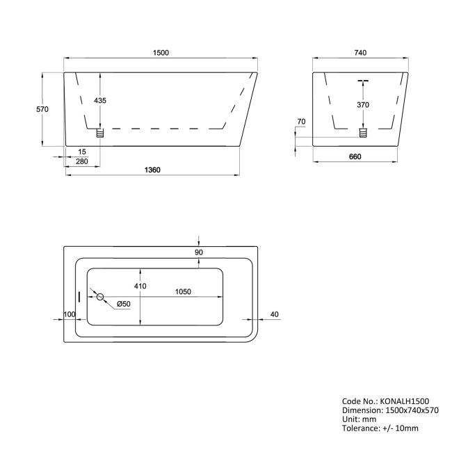 Freestanding Shower Bath Single Ended Left Hand Corner with Black Bath Screen 1500 x 740mm - Kona