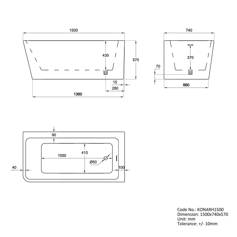 Grade A2 - Freestanding Single Ended Right Hand Corner Shower Bath with Chrome  Sliding  Bath Screen 1500 x 740mm - Kona