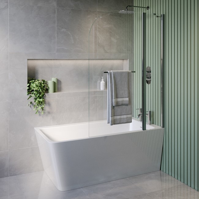 Freestanding Single Ended Right Hand Corner Shower Bath with Chrome Bath Screen with Fixed Panel &  Towel Rail 1500 x 740mm - Kona