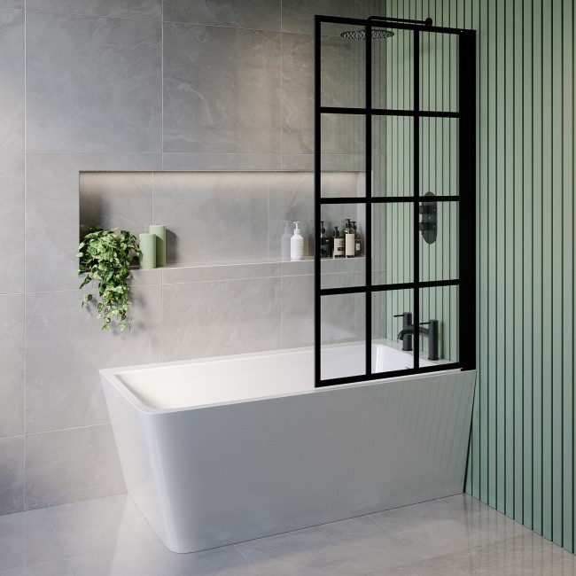 Freestanding Single Ended Right Hand Corner Shower Bath with Black Grid Bath Screen 1500 x 740mm - Kona