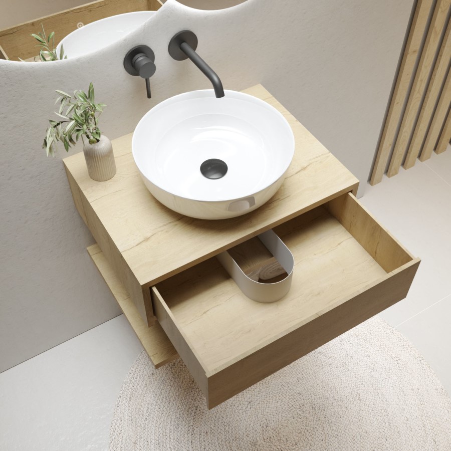 600mm Wood Effect Wall Hung Countertop Vanity Unit with Round Basin and Shelf - Lugo