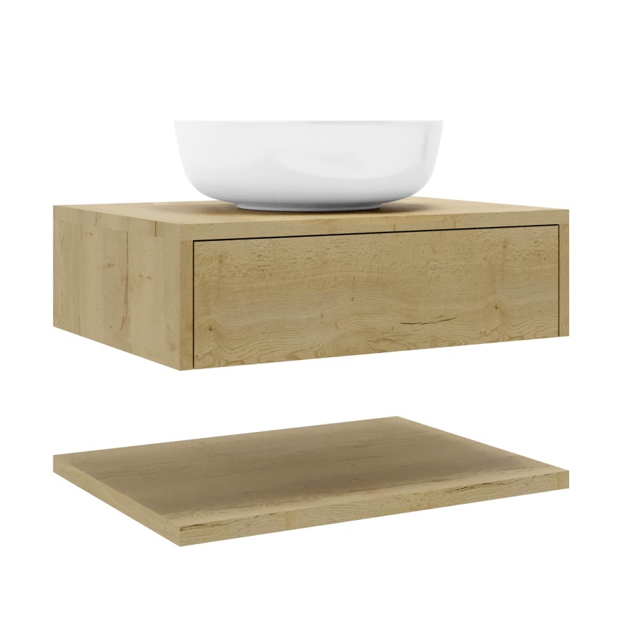 600mm Wood Effect Wall Hung Countertop Vanity Unit with Round Basin and Shelf - Lugo