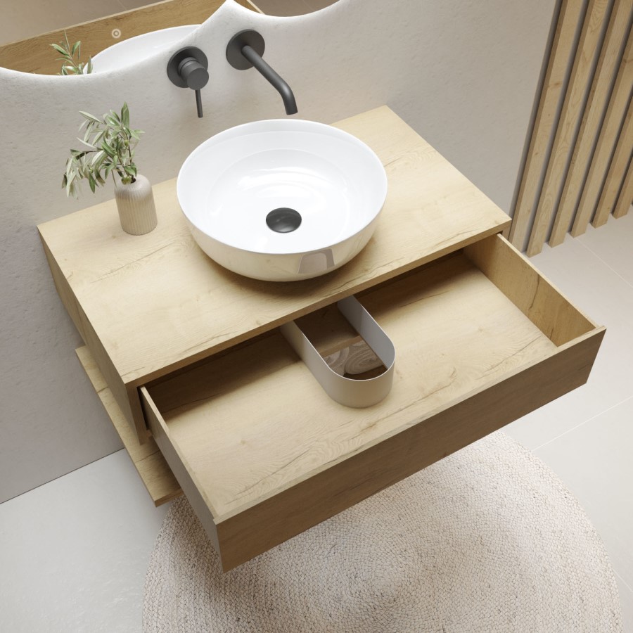 800mm Wood Effect Wall Hung Countertop Vanity Unit with Round Basin and Shelf - Lugo