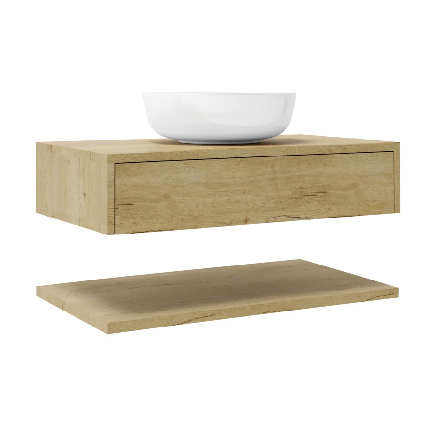 800mm Wood Effect Wall Hung Countertop Vanity Unit with Round Basin and Shelf - Lugo