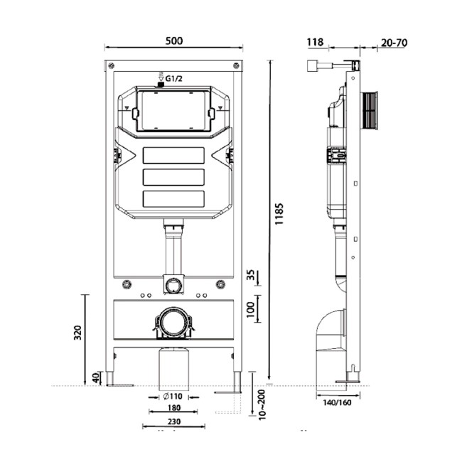 Concealed Cistern 1180mm Wall Hung Toilet Frame with Flush Plate in Brushed Bronze - Live Your Colour