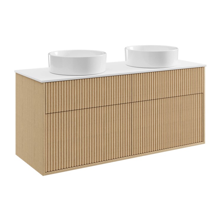 1250mm Wooden Fluted Wall Hung Double Countertop Vanity Unit with Round Basins - Matira