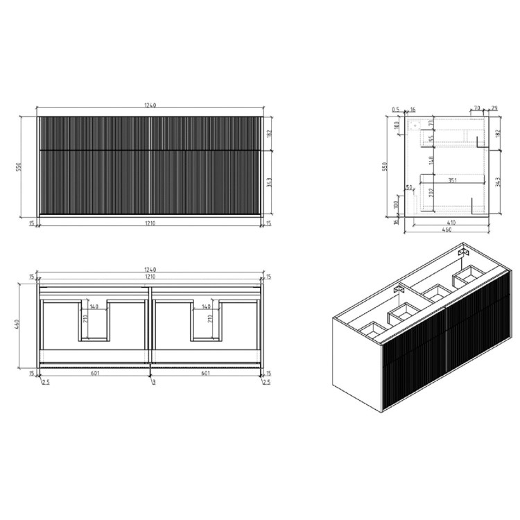 1250mm Wooden Fluted Wall Hung Double Countertop Vanity Unit with Round Basins - Matira