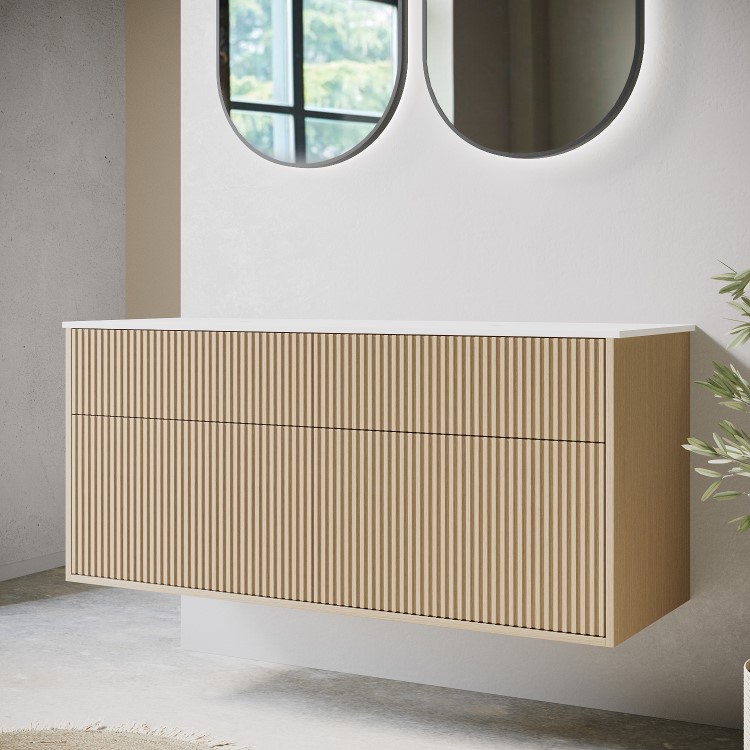 1250mm Wooden Fluted Wall Hung Double Countertop Vanity Unit - Matira