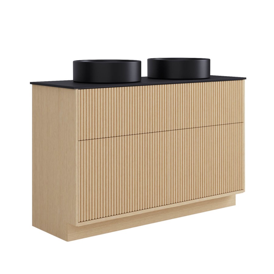 1250mm Wooden Fluted Freestanding Double Countertop Vanity Unit with Black Worktop and Black Round Basin- Matira